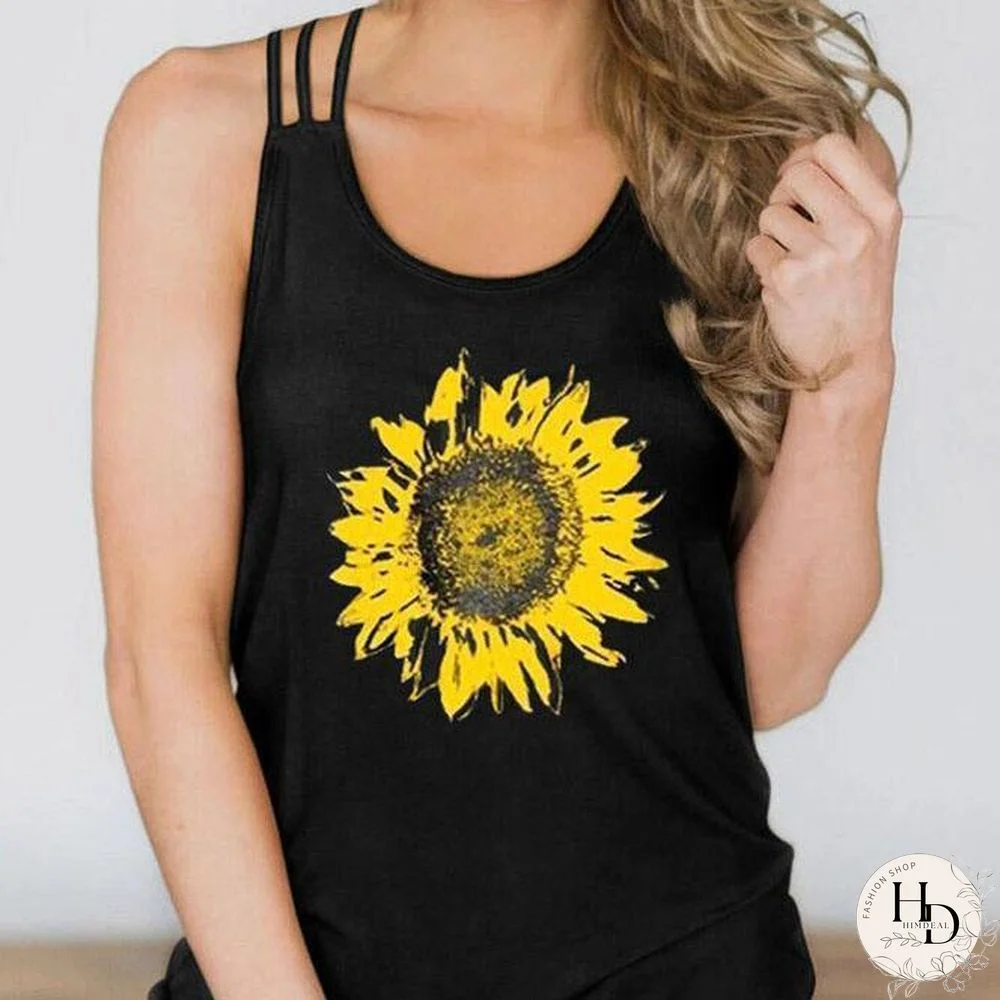 Sunflower Printed Summer Women Strip Sleeveless Vest