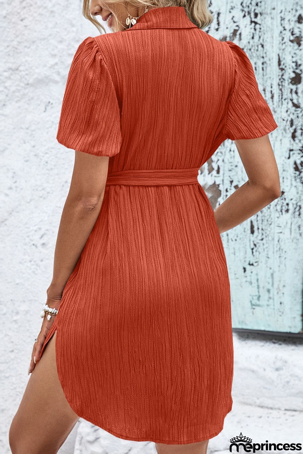 Textured Tie Belt Short Sleeve Dress