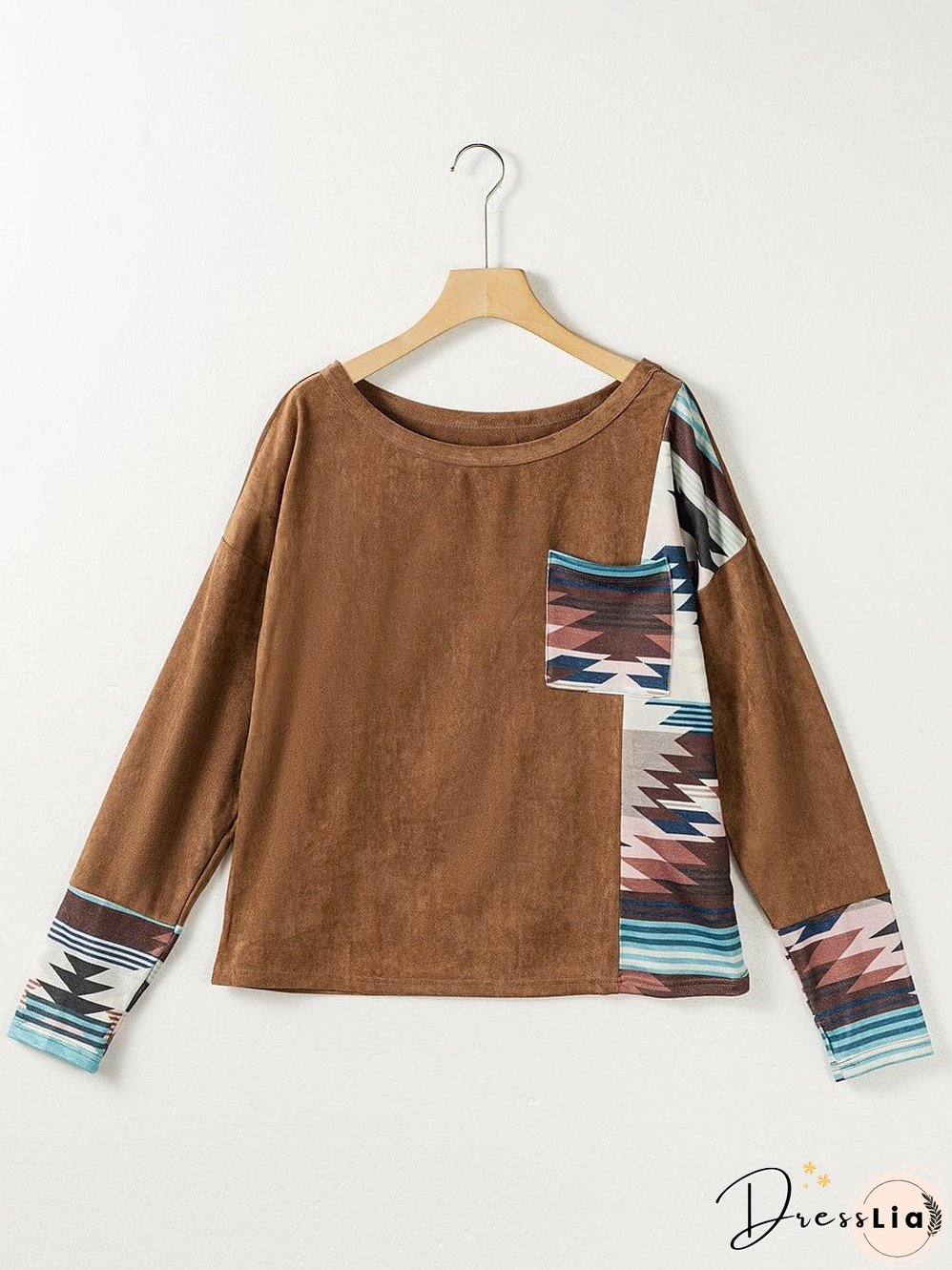 Cozy Brown Aztec Print Patched Pocket Long Sleeve Shirt