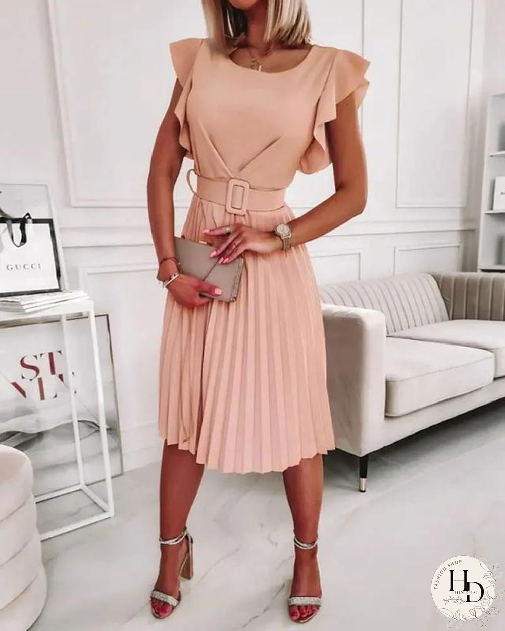 Summer Boho Dress Women's New Round Neck Waist Pleated Flounce Dress With Belt Vestidos De Mujer