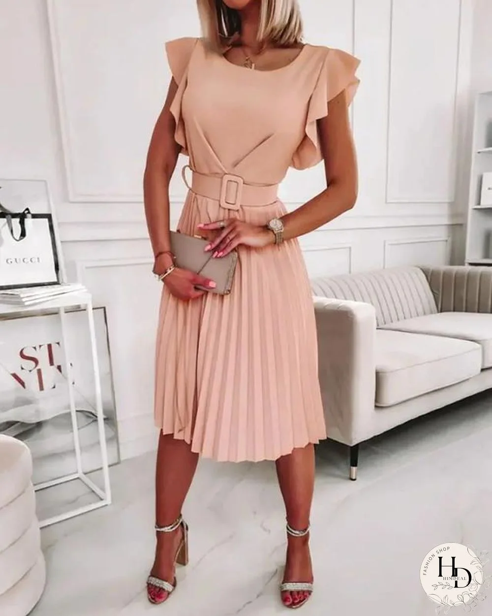 Summer Boho Dress Women's New Round Neck Waist Pleated Flounce Dress With Belt Vestidos De Mujer