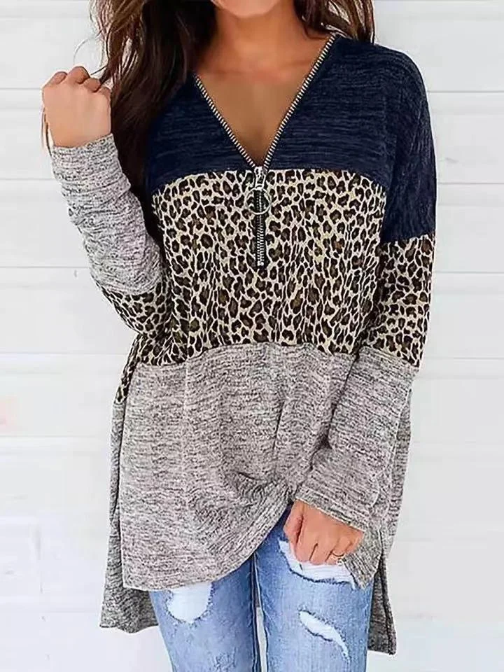 Women's Long Sleeve V-neck Zipper Leopard Printed Stitching Top