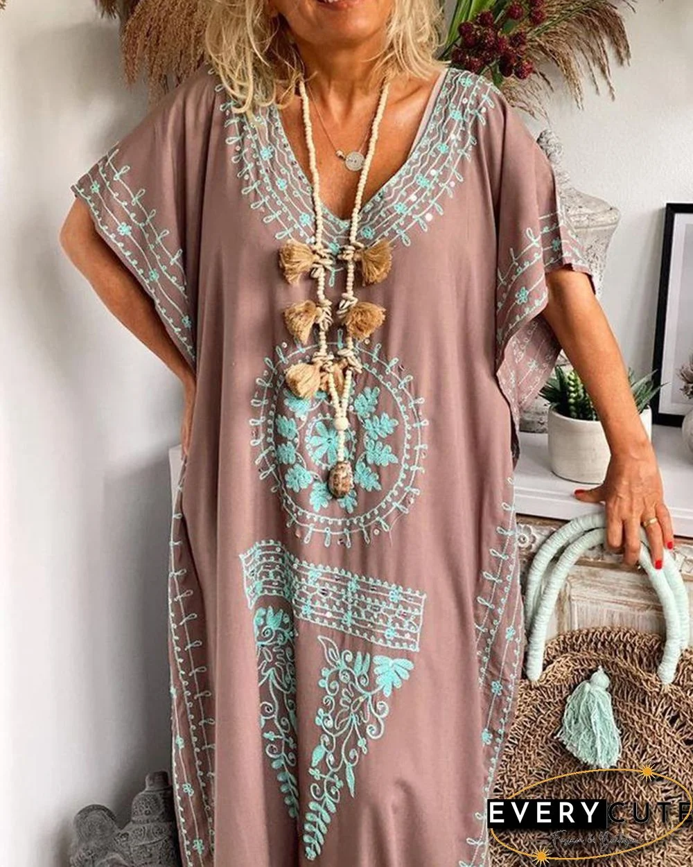 Retro Geometric Pattern Split Hem Loose Maxi Dress P14355