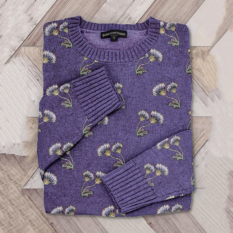 VChics Vintage Scotland Thistle Embroidery Cozy Knit Sweater