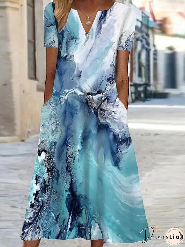 Casual Dress Summer Dress Print Dress Ombre Marble Print Pocket Print V Neck Midi Dress Active Fashion Outdoor Date Short Sleeve Regular Fit Light Green Blue Green Summer Spring S M L XL XXL for Women