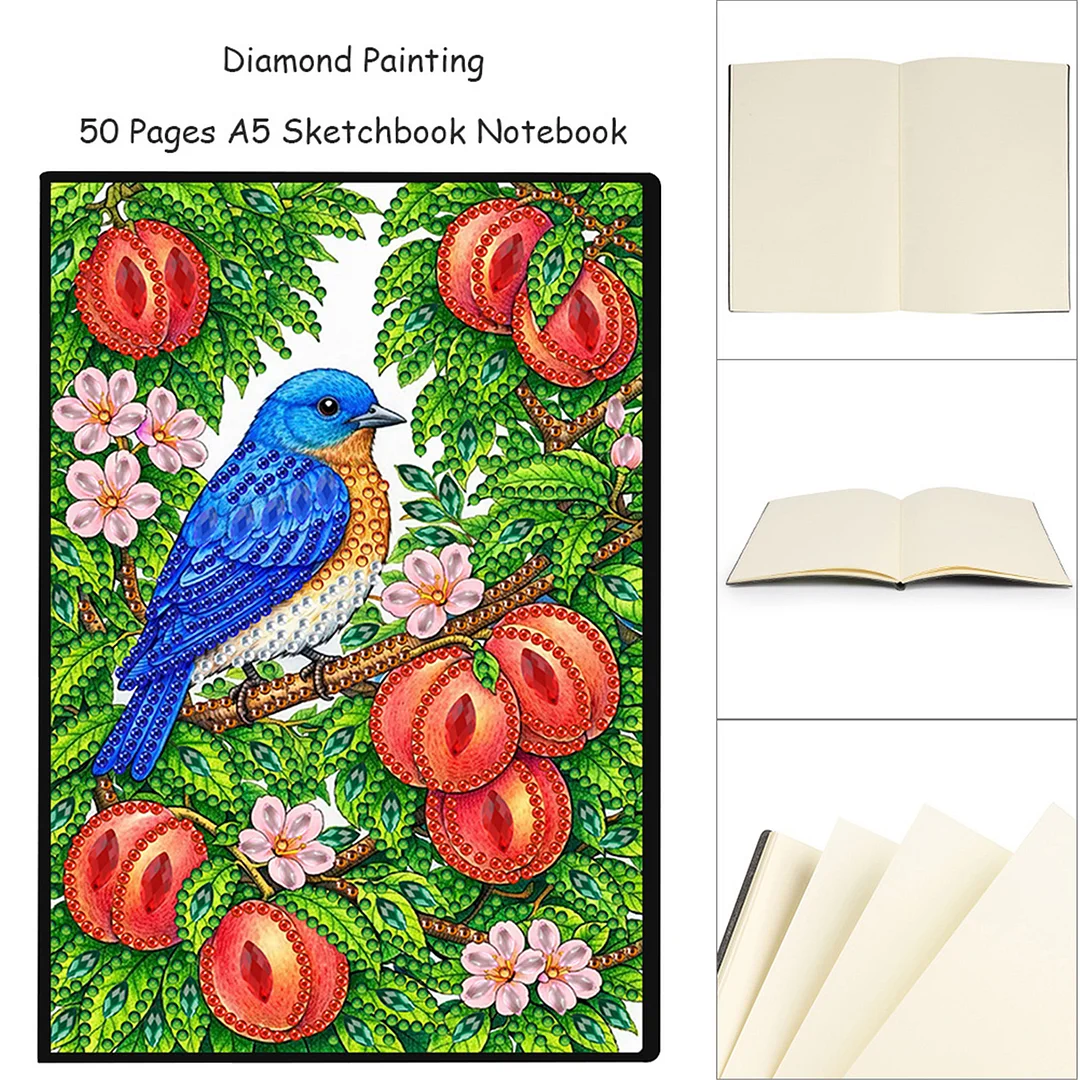 DIY Flower Diamond Painting Journals Notebooks 50 Pages A5 No Lines Special Shaped Diamond Art Kits for Beginners Craft Lovers and Artists (Peaches and Birds)