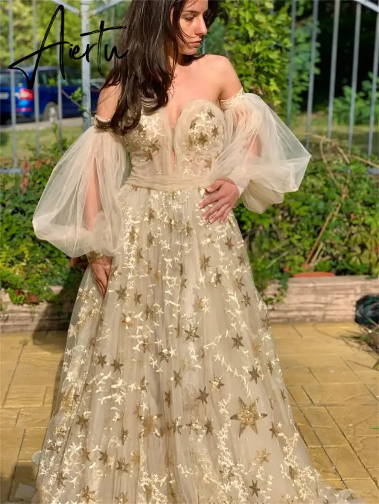 Aiertu  Star Lace Appliques Prom Dresses A-line Tulle Elegant Puffy Sleeves Floor-Length Aiertu