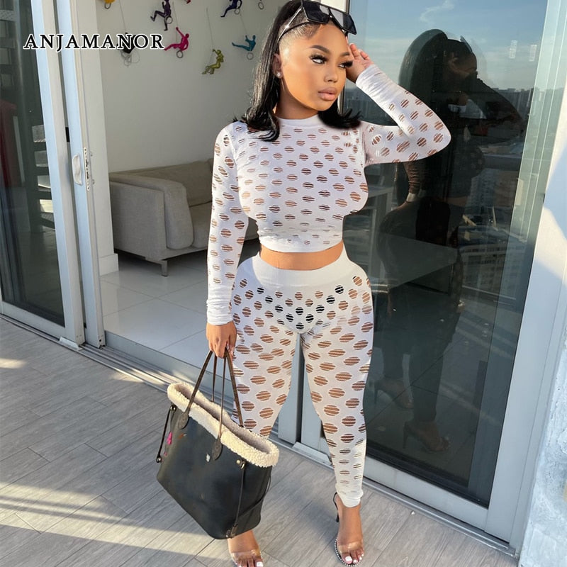 Anjamanor Sexy Hollow Out Hole Two Piece Set Women Top And Pants 2021 Fall Collection Club 6206