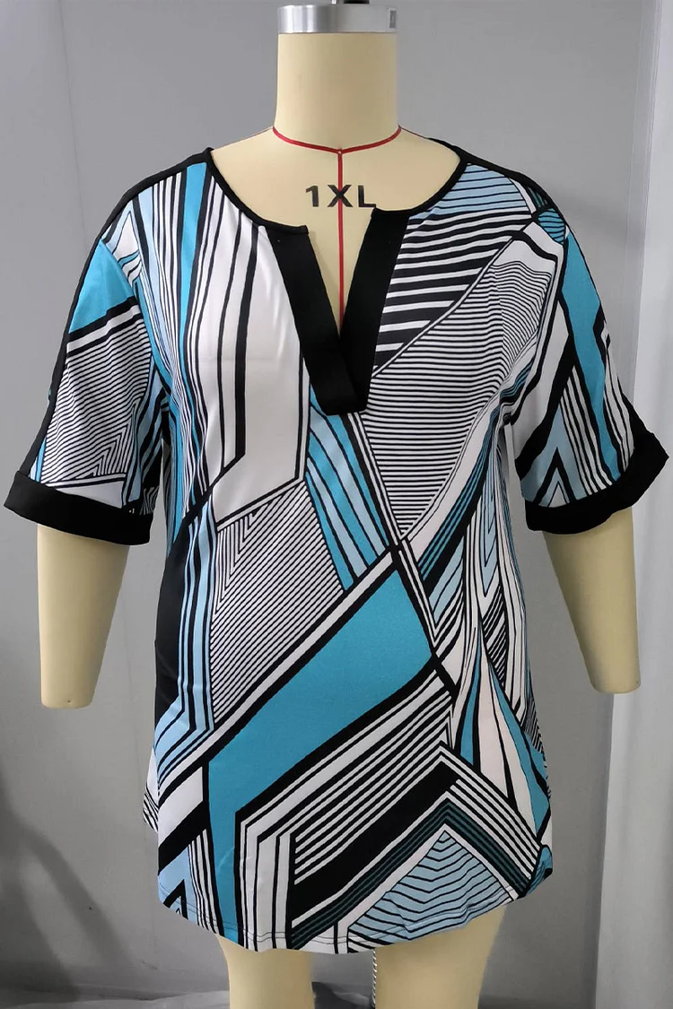 Plus Size Split Neck Geometric Print Color Block Blouse  Flycurvy [product_label]