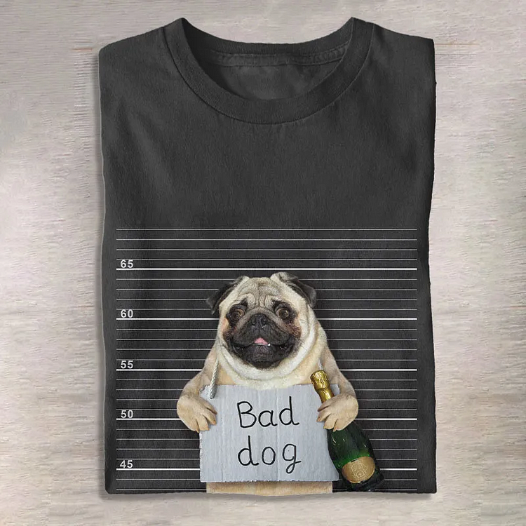 Funny Retro Funny Wanted Pug Dog Print Crew Neck T-Shirt