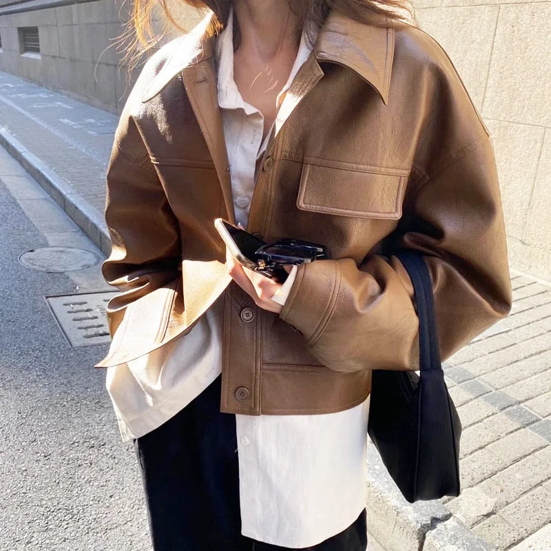 FTLZZ Spring New Women Faux Leather Jacket Vintage Turn-down Collar Loose Street Outerwear Female Elegant PU Leather Jackets
