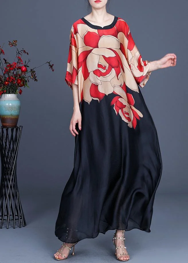 Plus Size Red Print O-Neck Chiffon Summer Dress