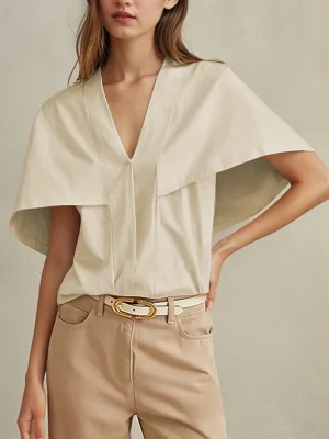 Image of Capelet Loose Pleated Solid Color Split-Joint V-Neck Blouses&Shirts Tops