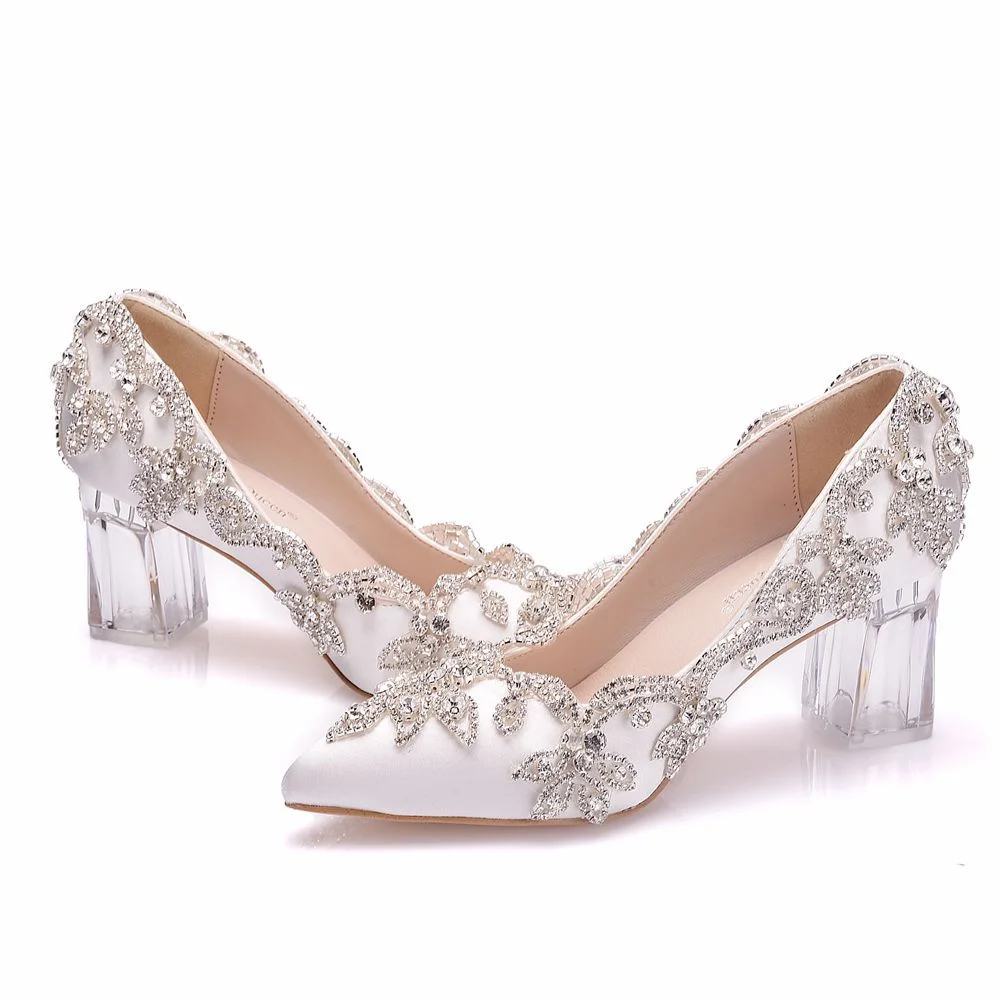 Breakj Breakj Cm Thick Heel Crystal Transparent Square Tip Single Shoe Bridal Silk Satin Cloth Diamond Skirt Wedding Shoes