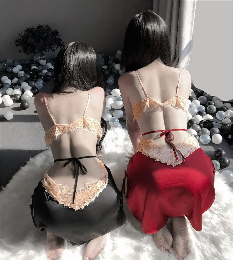 Billionm 4 Colors Womens Chemise Flower Lace Full Slips Nightgown Sling Sleeveless Sexy Onepiece Dress Thong V-Neck Lace Lingerie Female