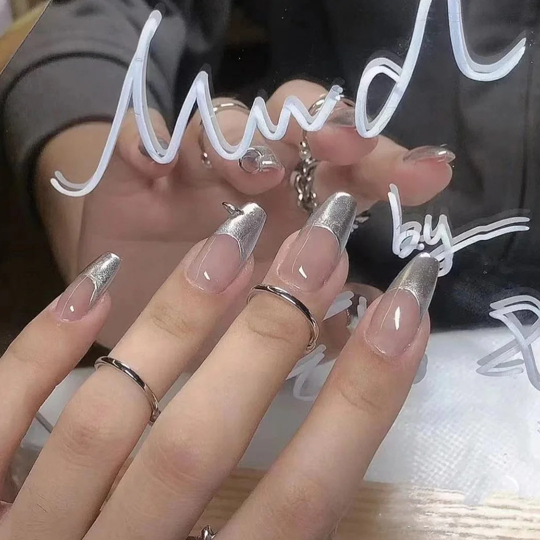 24pcs Simple Mirror Silver French Short Ballet Fake Nails Full cover Fake Nails Glue DIY Manicure Nail Art Tools