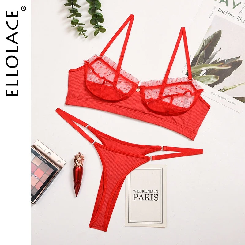Ellolace Ruffle Lace Lingerie Sexy Women's Underwear Transparent Short Skin Care Kits Sexy Lace Bra Brief Sets Erotic Intimate
