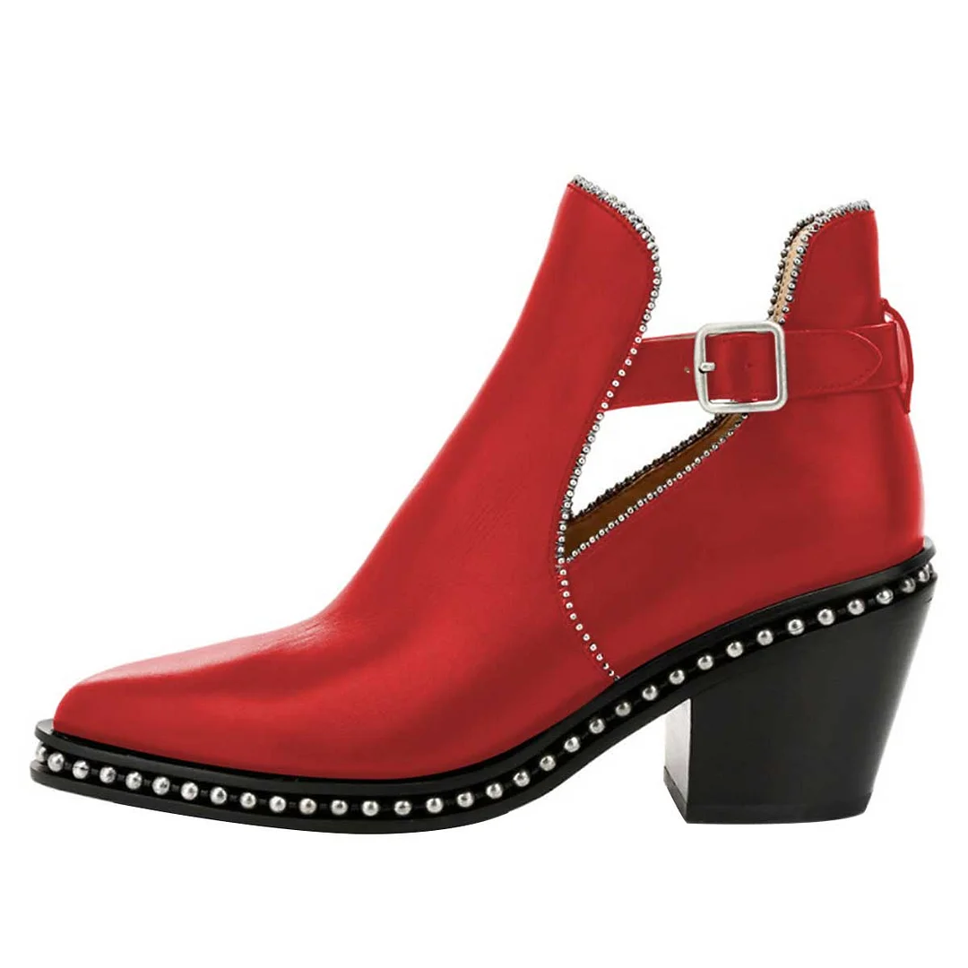 Red Pointed Toe Buckle Strap Silver Bead Trim Chunky Heel Boots
