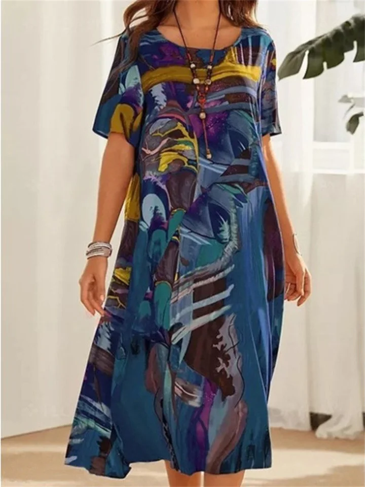 Summer Short-sleeved Loose-fitting Round Neck Fashionable Casual Printed Dress-JRSEE