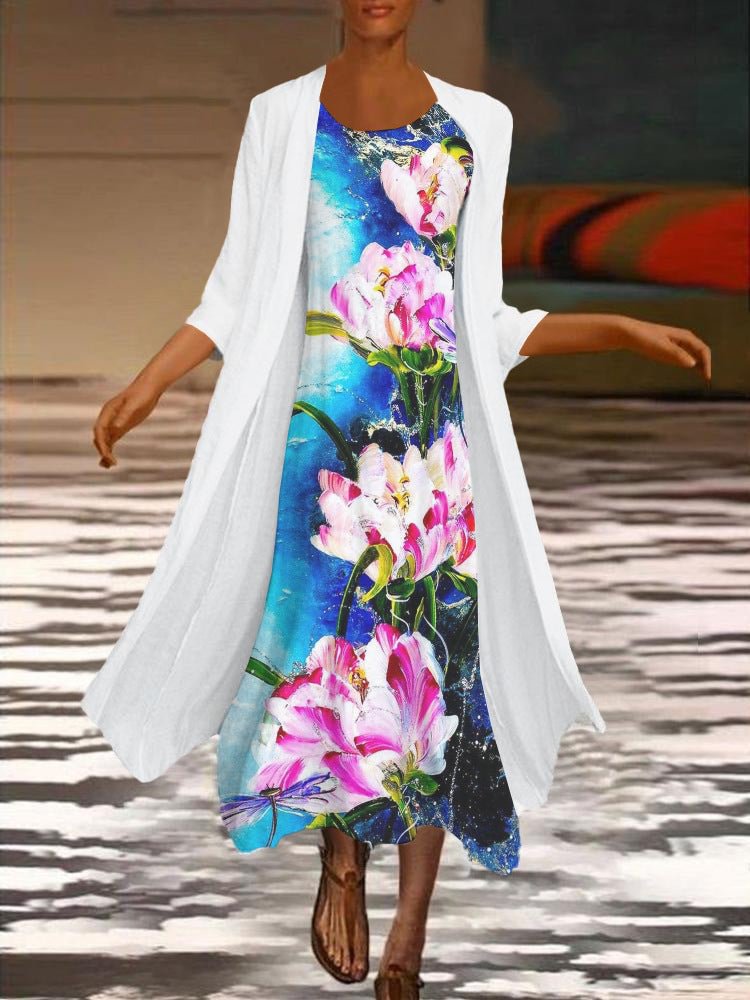Elegant Floral Long Sleeve Woven Dress Two-piece Midi Dress