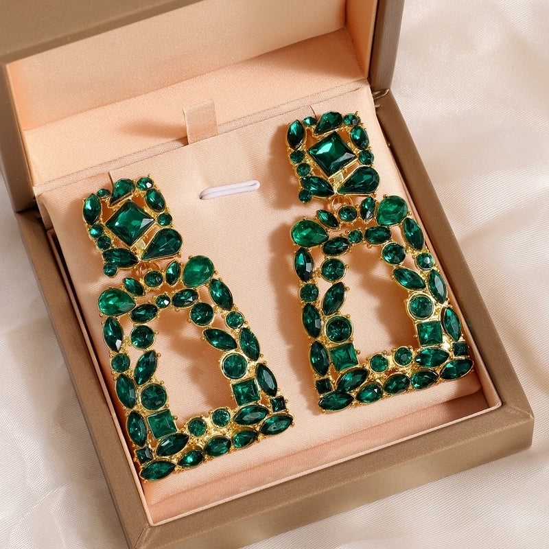 1 Pair Exaggerated Commute Shiny Rectangle Hollow Out Inlay Alloy Acrylic Rhinestones 18K Gold Plated Drop Earrings