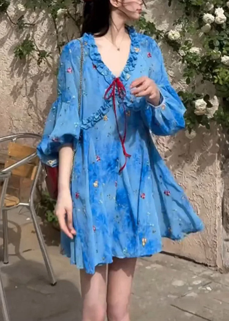 Blue Long Chiffon Printed Dress with Flutter Sleeves, French Sweet Style, Slimming Dress