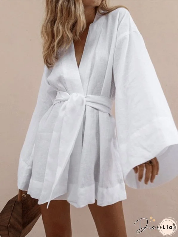 Dresses V-Neck Belted Long Sleeve Mini Dress for Women