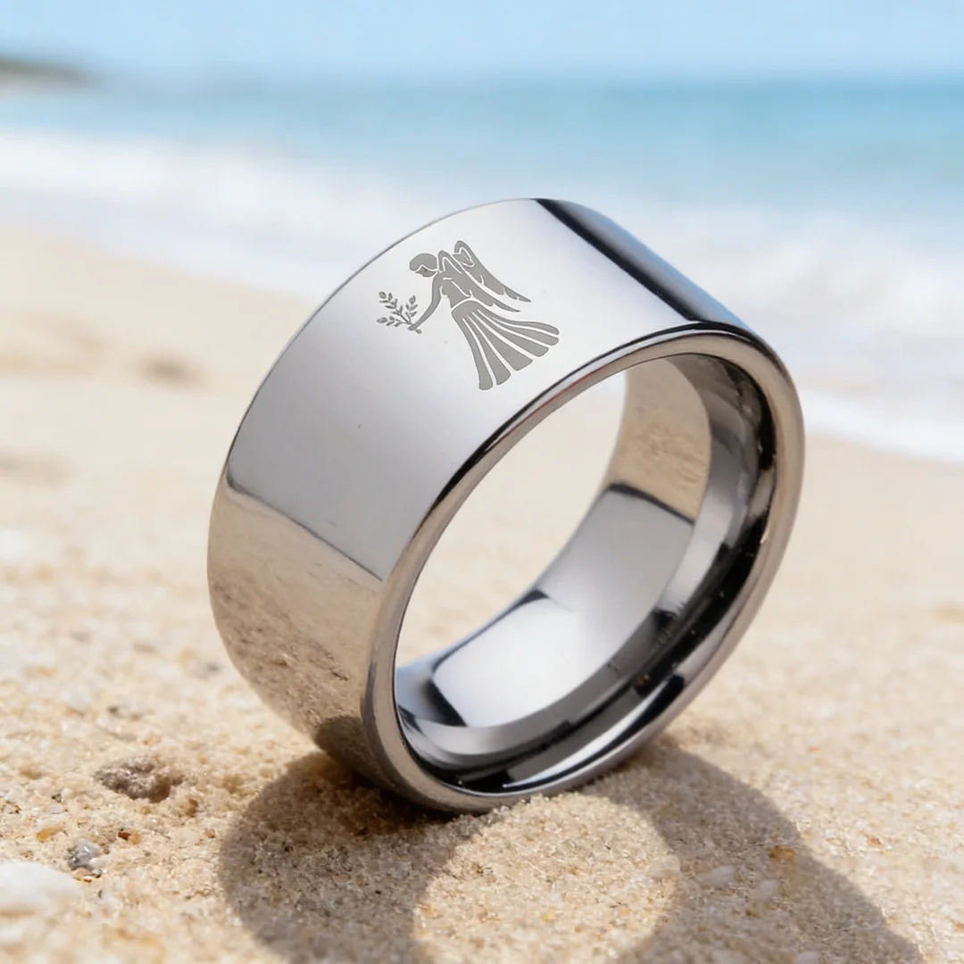 4MM 6MM 8MM 10MM Width Silver Flat Tungsten Wedding Bands Zodiac Virgo Laser Couple Tungsten Carbide Rings