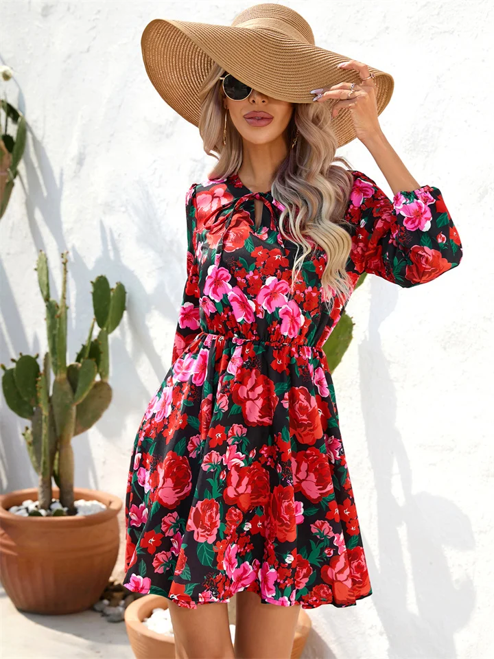 Women's New Summer Midriff Tied Floral Print V-neck Long-sleeved A-line Dress Personalized Street Hipster Style Dress-Cosfine