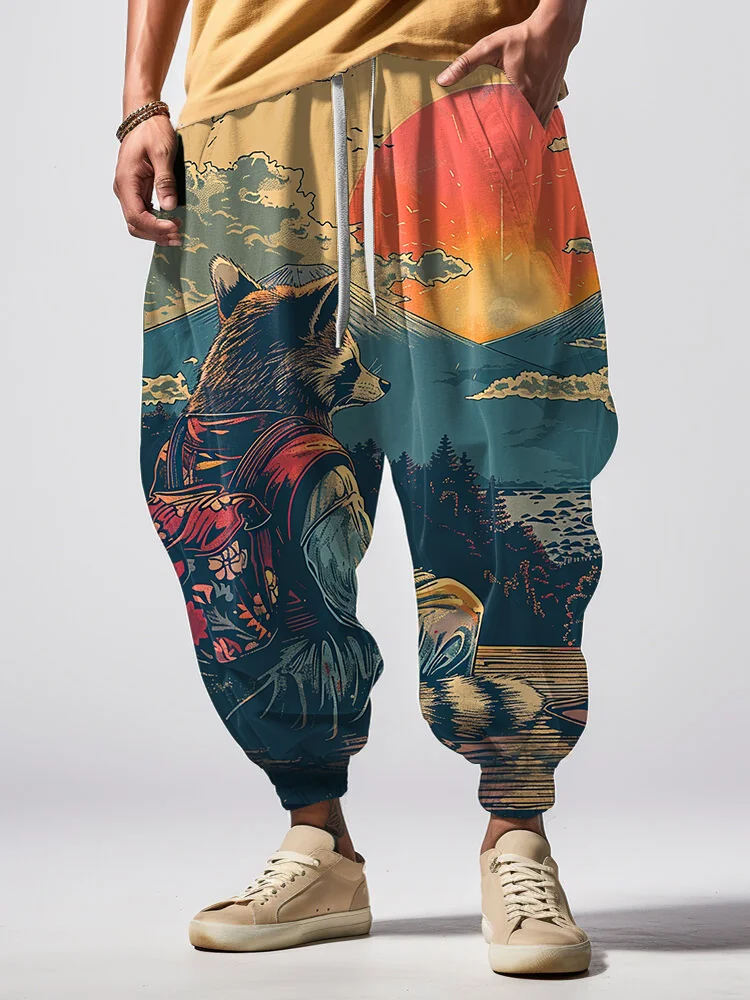 Men's Raccoon Kimono Backpacker Watching The Sunset Print Loose Drawstring Waist Sweatpants