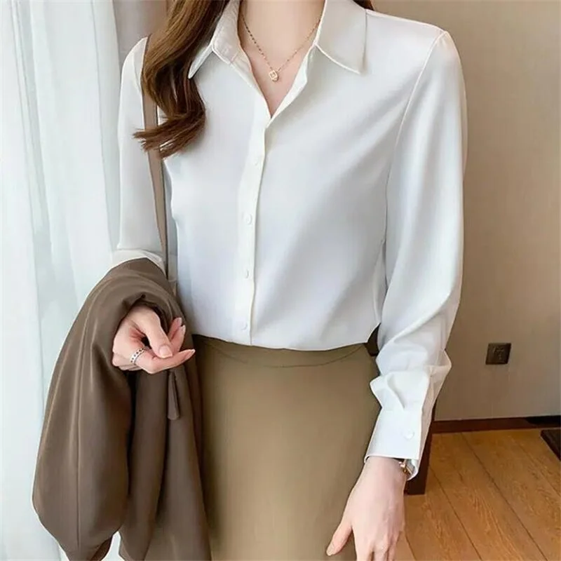 Fashion Satin Shirts Women Long Sleeve Shirts Woman Silk Blouse Tops Casual Professional Female Solid Basic Shirts O. L Blousess