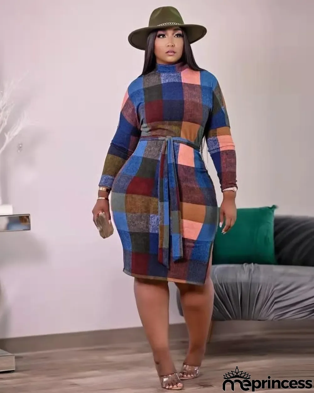 Sexy Printed Long Sleeve Split Sashes Midi Dress