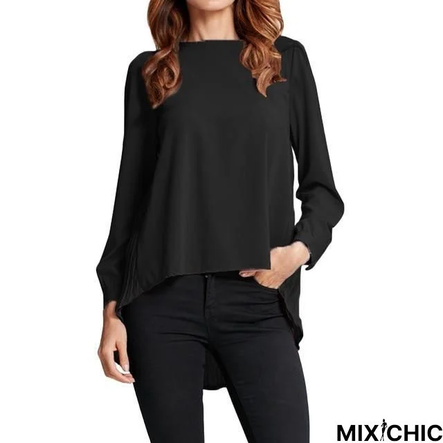 Chiffon Blouse Pleated Back Long Sleeve Asymmetric Shirt Loose Casual Plus Size Tops