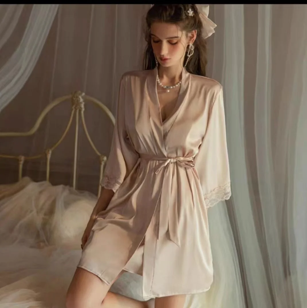 Sdrawing Sdrawing Simple Silk High Quality Night Goer's Robe With Morning Robes In Autumn And Winter Sexy Nightgown Homewear