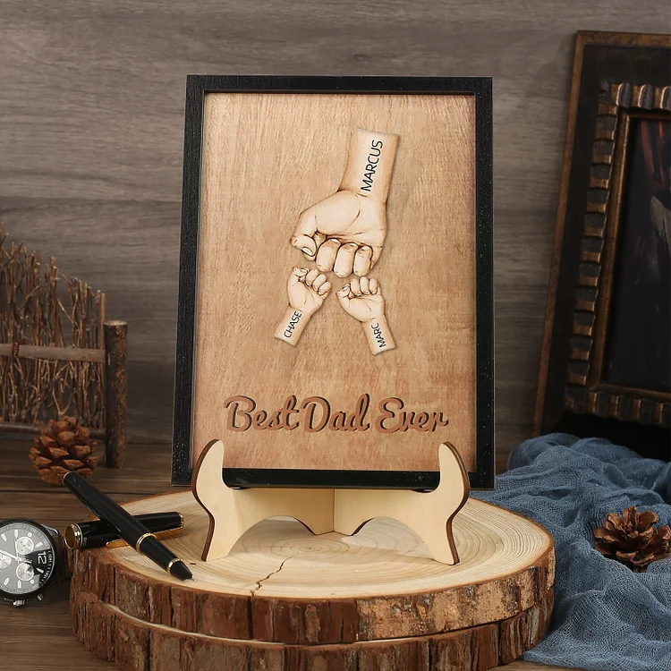 3 Names-Personalized Fist Bump Frame Wooden Ornament Engage Text Home Decoration for Father/Grandpa