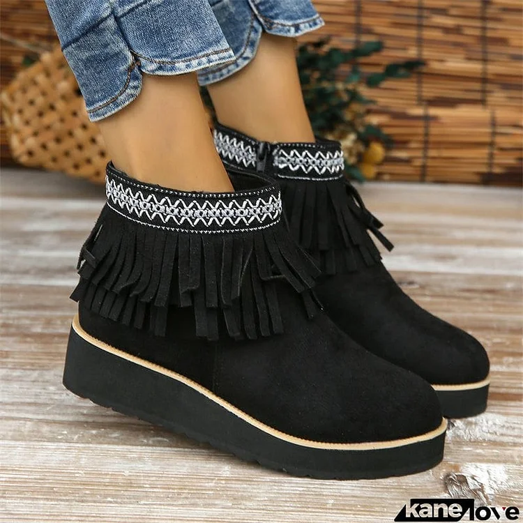 Women's Stylish Suede Round Toe Ethnic Tassel Ankle Boots