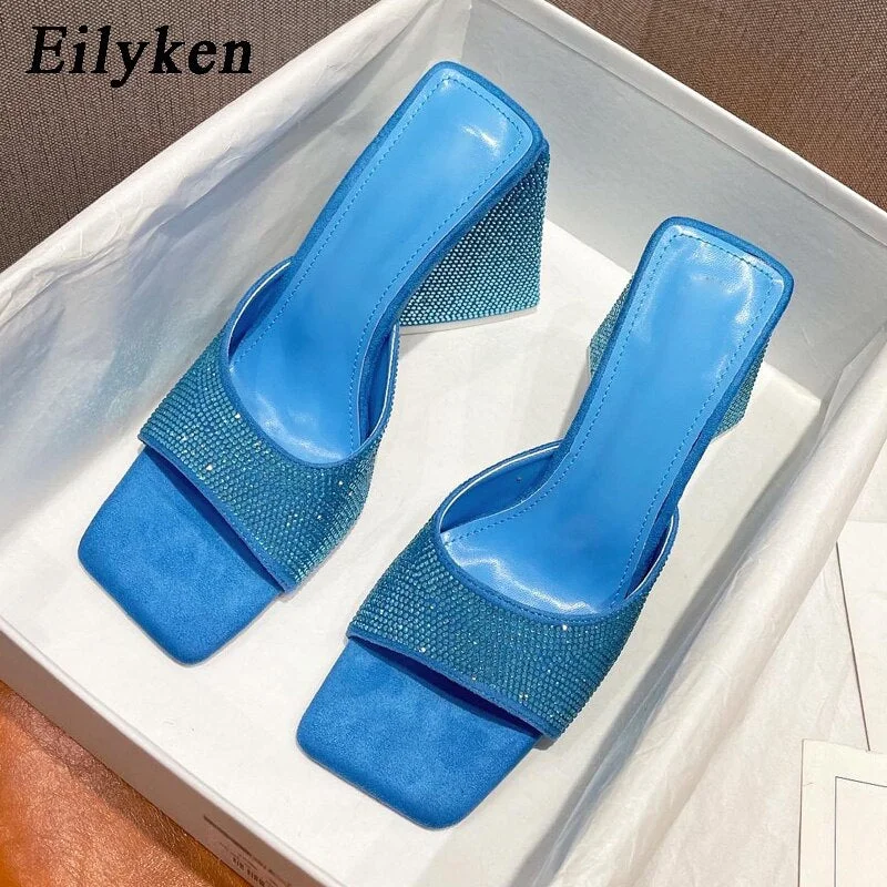 Eilyken 2022 New Summer CRYSTAL Triangle Thick heel Slippers Sexy Street Woman Square toes Dress Party shoes size 35-41