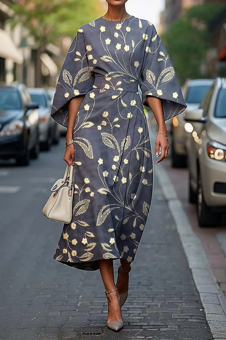 Women's Vintage Elegant Floral Art Print Midi Dress