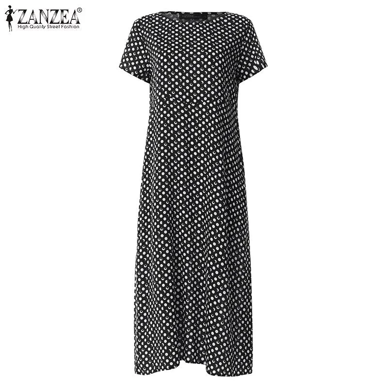 ZANZEA 2022 Elegant Summer Short Sleeve Polka Dot Printed Dress Women Office Work Vestido Vintage Party Sundress Casual Robe