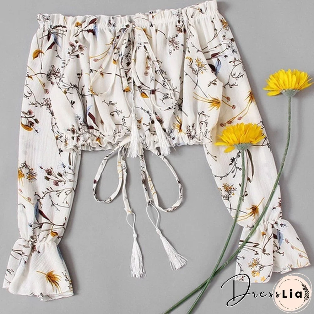 Women's Lace up Bandage Off Shoulder Long Sleeve T-Shirt Crop Tops Blouse Shirt