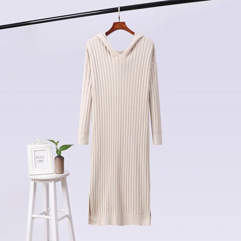 New Warm Long Sleeve Women Sweater Hooded Dress Autumn Winter Woman Slim Dress Fashion Solid Warm Autumn Knitting Cotton Ladies