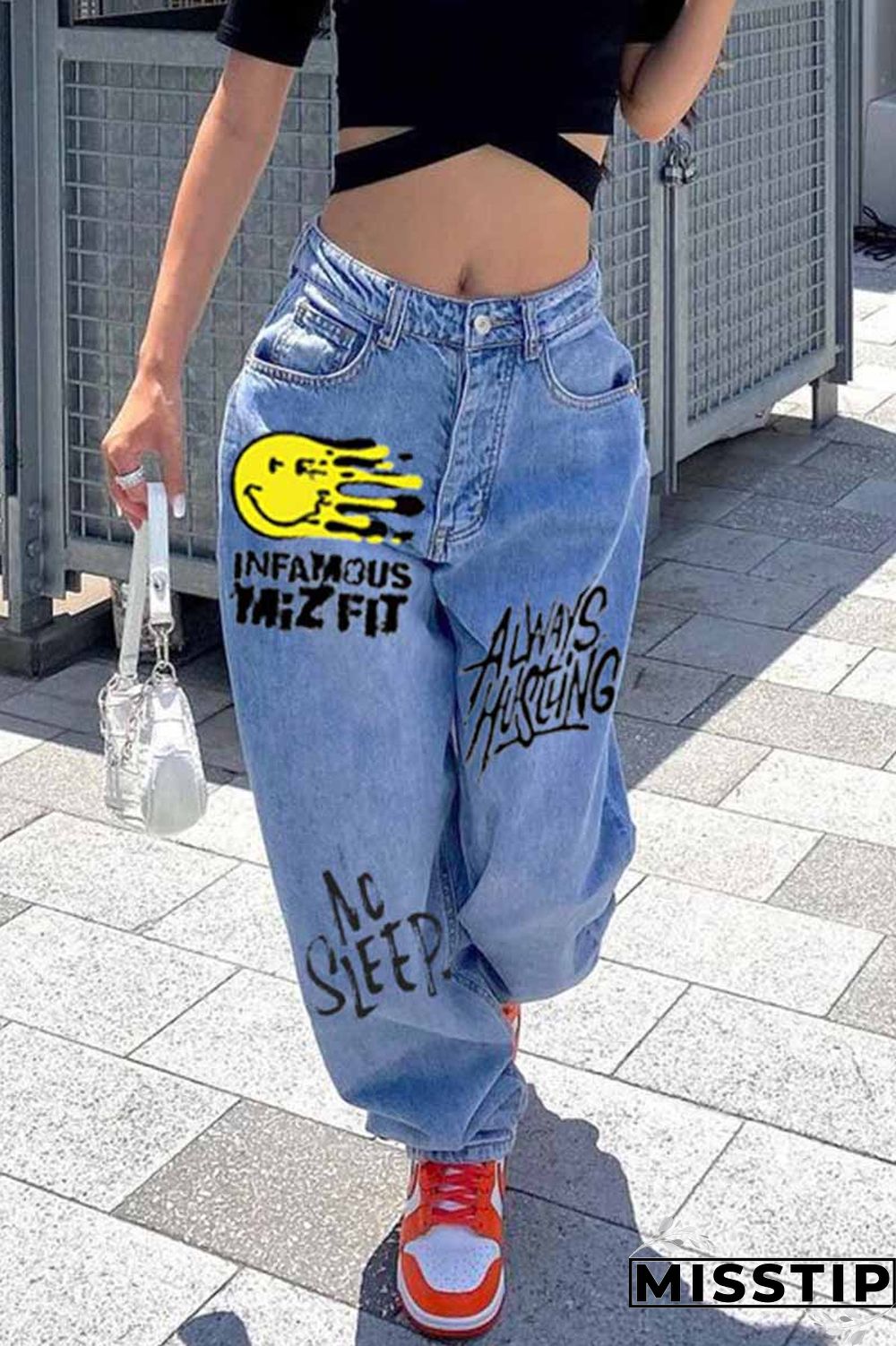 Black Fashion Casual Print Basic High Waist Regular Denim Jeans