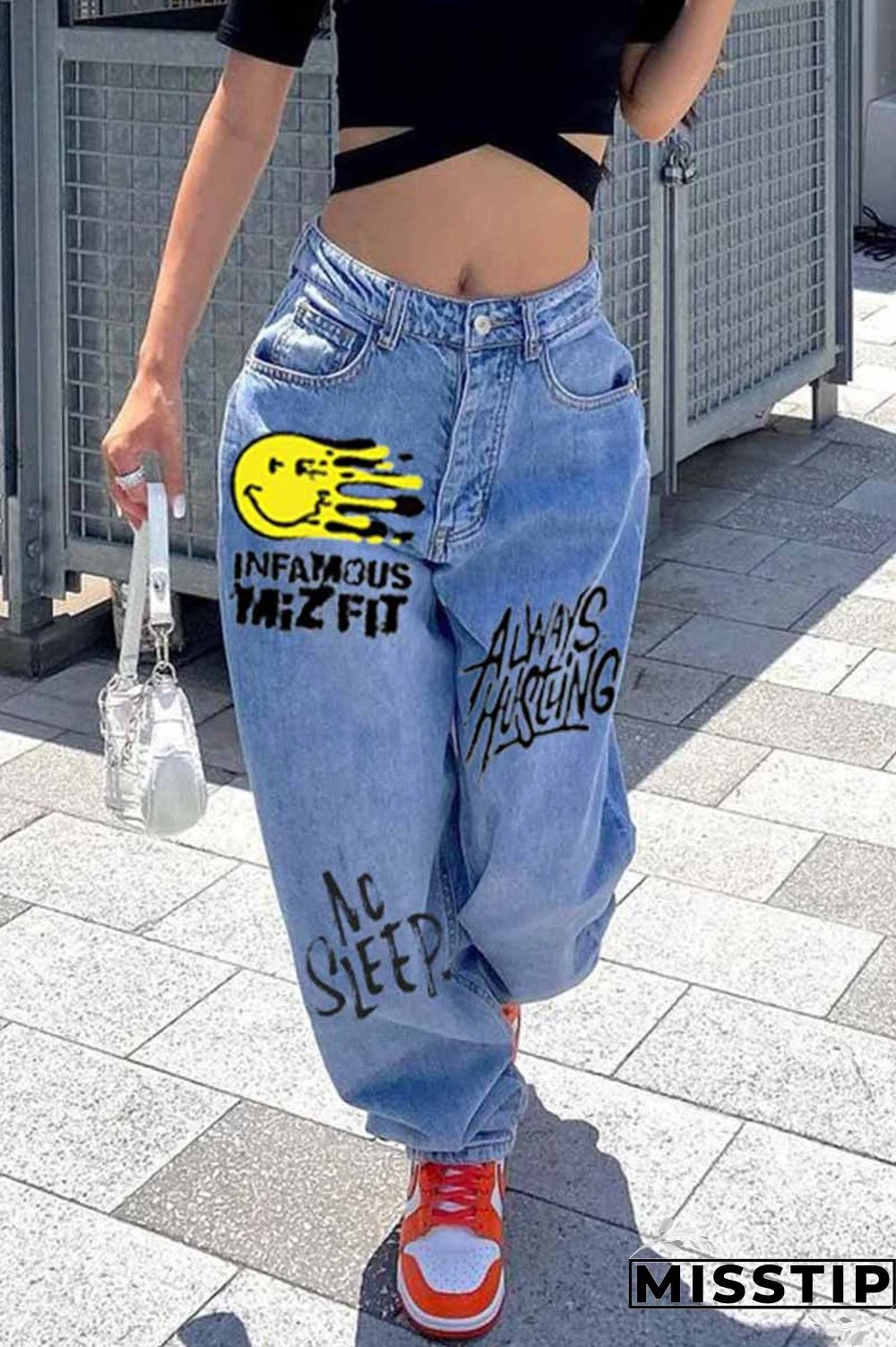 Black Fashion Casual Print Basic High Waist Regular Denim Jeans