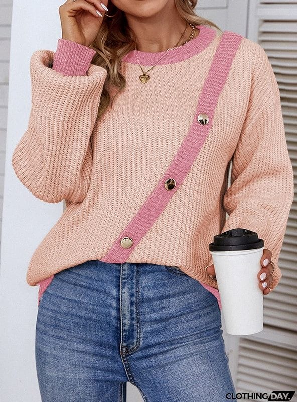COLOR BUTTON CREW NECK PULLOVER LANTERN SLEEVE SWEATER