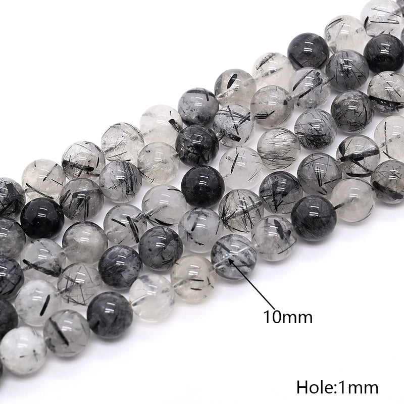 1 Strand/Package 10mm 6mm 8mm Hole Under 1mm Hole 1~1.9mm Natural Stone Black Hair Crystal Grade A Round Simple Lines Polished Jewelry Accessories