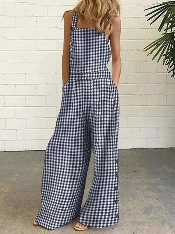 Loose Sleeveless Buttoned Plaid Pockets Collarless Overalls