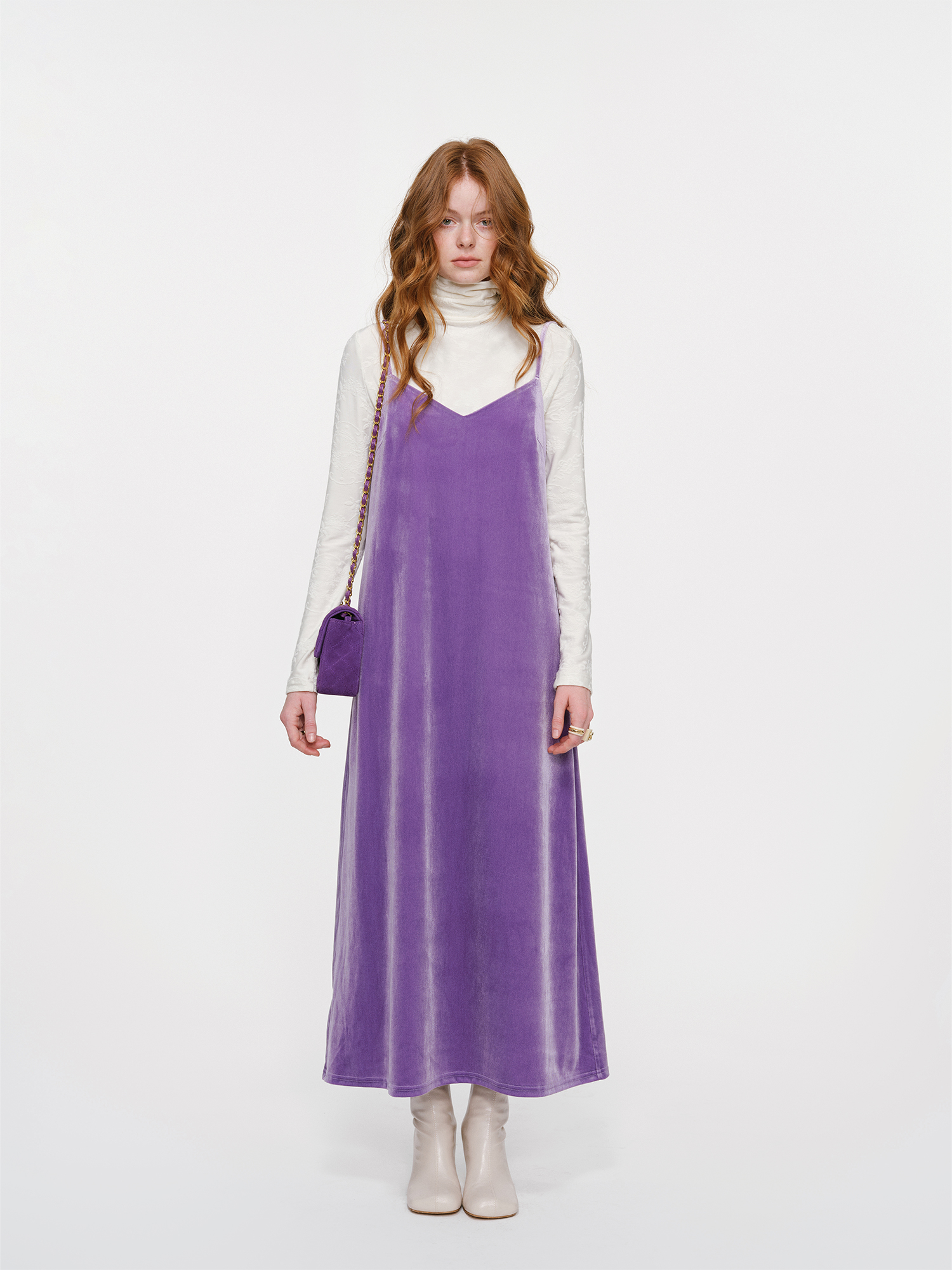 Original Series Velvet Strap Dr High Waist Long Skirt without Sve V-Ne Commute Sle Autumn Winter Polyester Spandex