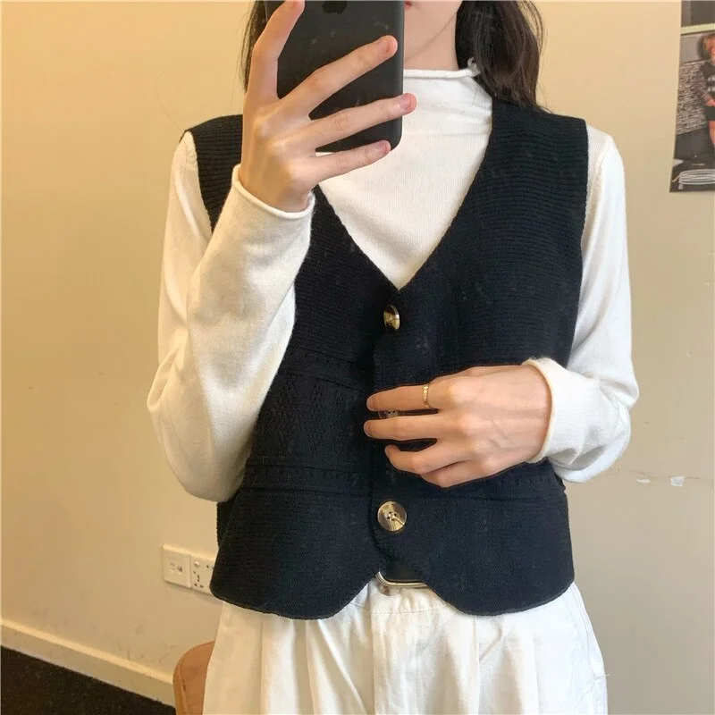 Sweater Vest Women Cropped V-neck Simple Colorful Thin Chic Outwear Knitted Popular Casual Sweet Girls All-match Ulzzang Comfort