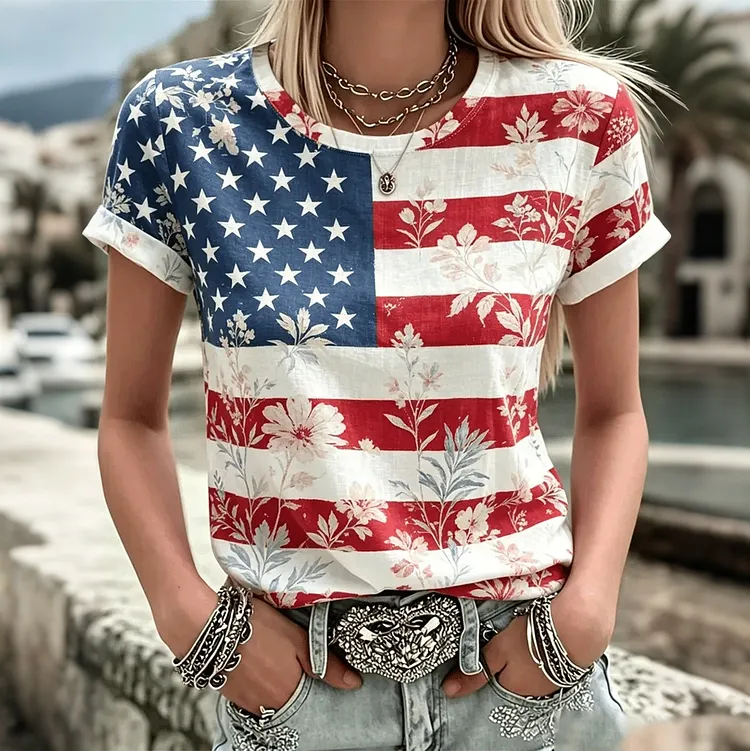 Women's Vintage Anniversary Flag Print Casual V Neck Top