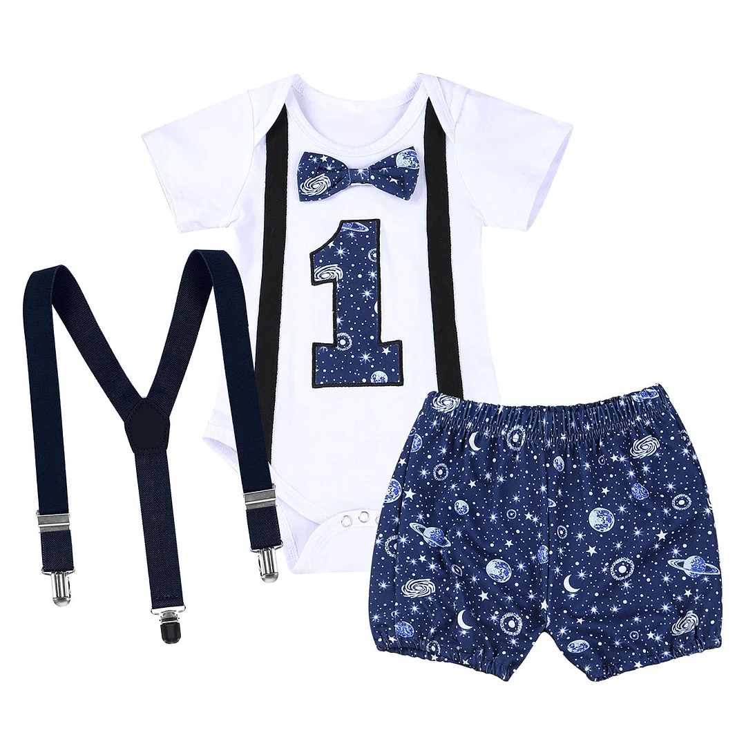 Newborn Baby Boys Gentleman Clothing Set Short Sleeve Letter Romper Tops Straps Shorts Outfits 1st Birthday Clothes for Babies